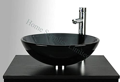 BELOFAY Semi Transparent Black Modern Design Bathroom Counter Top Wash Basin Sink, Glass Bowl Cloakroom Basin for Vanity Cabinet, Toilets and Bathrooms (42x14x42cm) (WxHxL)