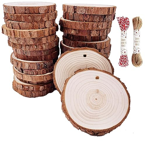 Natur Holzscheiben 40 Stück 5-6cm Baumscheiben mit Rinde Bastelholz Kit unfertig vorgebohrt mit Loch Holzkreise ideal für Kunst und Handwerk Weihnachten Ornamente DIY Hochzeit Handwerk