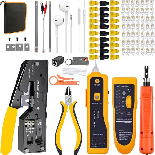 MAYLINEE RJ45 CAT5 CAT6 Pelador de cables de red Kit Crimpadora para Conectores Pasante Cat7 Cat6A Herramienta de Crimpado RJ11 RJ12 6P 8P 50 Conectores (Rojo)