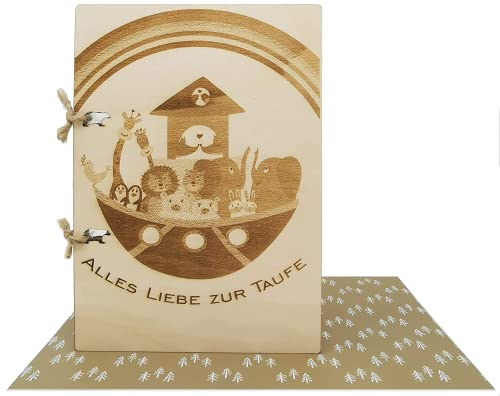 Woodland Mail Taufkarte aus Holz – besondere Holzkarte mit eingraviertem Bild der Arche Noah auf der Vorderseite.