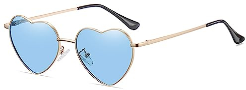 RUNHUIS Polarisiert Herzform Sonnenbrille Damen Herren Hippie Brille Vintage Liebe Sonnenbrille für Festival Party Gold Metallrahmen mit UV400 (Gold/Blau)