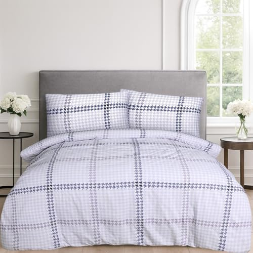 Sleepdown Houndstooth Check Lilac 100% Brushed Cotton Reversible Duvet Cover Quilt Bedding Set with Pillowcases Warm Soft Easy Care Bed Linen - King (230cm x 220cm)