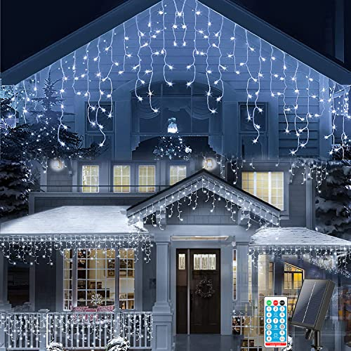 SUAVER Solar Lichterkette 300LED Lichtervorhang Außen 32.8ft Eisregen Lichterketten mit Fernbedienung 8 Modi Wasserfest 60 Stränge Hängen Dekorations Patio Licht Weihnachten beleuchtung (Weiß)