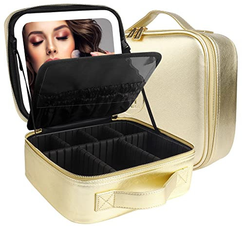 MOMIRA Reise-Makeup Tasche Kosmetiktasche mit beleuchtetem Spiegel, Einstellbarer Helligkeit in 3 Farbszenarien, Geschenk für Frauen - Gold