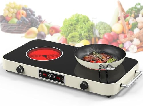 GIHETKUT 2200W 220V Electric burner hob, Electric hob with 2 Handle, 2 Burner with 9 Power Settings,Knob Control Child Safety Lock & Timer.