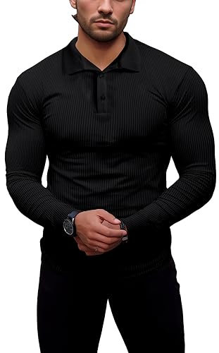Agilelin Polo Hommes Manches Longues T-Shirts,T-Shirts Homme Stretch Muscle,Chemise Casual Côtelée,Workout Golf（Noir/M