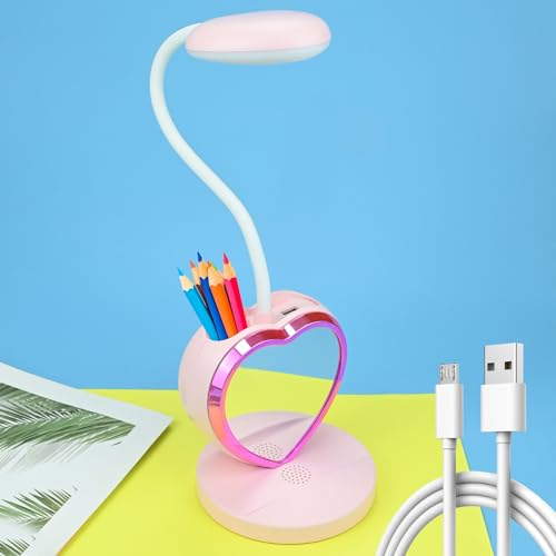 Kinder Schreibtischlampe für Mädchen, Dimmbare LED Tischlampe mit Stifthalter und Ventilator, Augenfreundlich Leselampe, Nachttischlampe mit Touchsensor USB Nachttischlampe für Lesen, Lernen (Rosa)