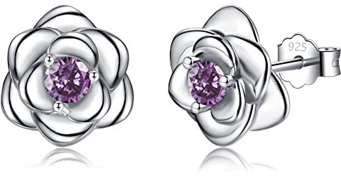 Silver Stud Earrings for Women Girls, Rose Flower Sterling Silver Studs Earrings with Purple Cubic Zirconia│White Gold Plated Dainty Romantic Earrings Jewellery Gifts