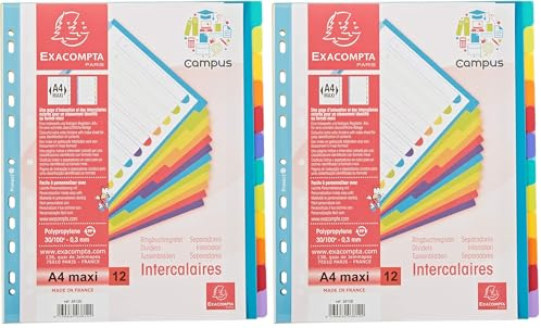 Exacompta - Ref 3812E - Campus PP Dividers - Suitable for A4+ Documents, 12 Tabbed Parts, 0.3mm Rigid Polypropylene, Pre-Punched for Folders - Multi-Coloured (Pack of 2)