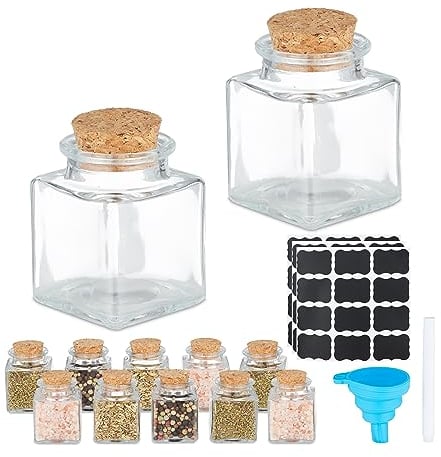 Relaxdays Gewürzgläser 12er Set, Gewürzdosen Glas, 50 ml, mit Etiketten, Stift & Trichter, Korkdeckel, transparent/natur