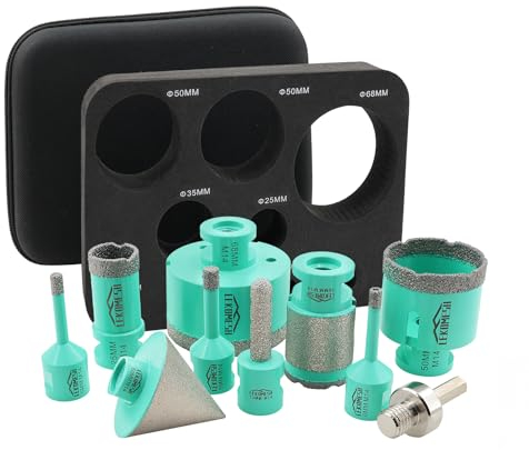 LEKOMESH Punte Diamantate per Piastrelle - 10 pezzi (6/6/8/25/50/68mm+10mm Fresa Diamantata+35mm Fresa Diamantata+50mm Punte per Smusso+Adattatore) Seghe a Tazza per Gres Ceramica