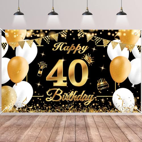 40. Geburtstag Banner Schwarz Gold, Bliceon Banner zum 40. Geburtstag für Männer und Frauen, Deko 40 Geburtstag Hintergrund Banner für 40. Party Geburtstagsdeko