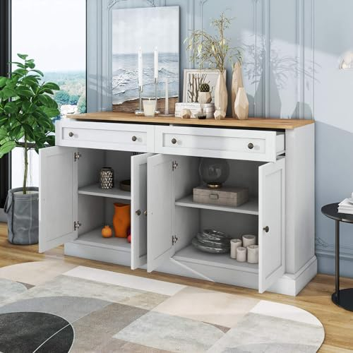 Sideboard Küchenschrank mit 4 Türen und 2 Schubladen Buffetschrank, Modernes Sideboard im minimalistischen Stil Mehrzweckschrank für Flur Schlafzimmer Wohnzimmer Esszimmer Küche, (Antikweiß+Holz)