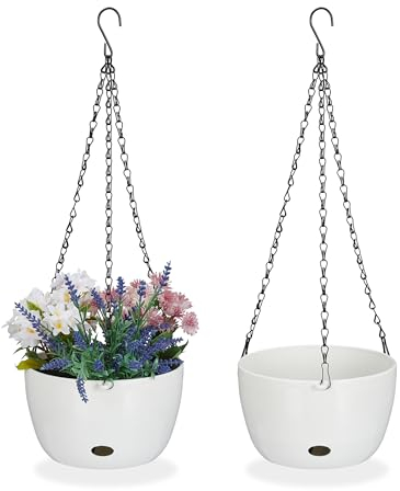 Relaxdays Blumenampel mit Wasserspeicher, 2er Set, HxD 56x20,5 cm, außen & innen, hängender Blumentopf, Kunststoff, weiß