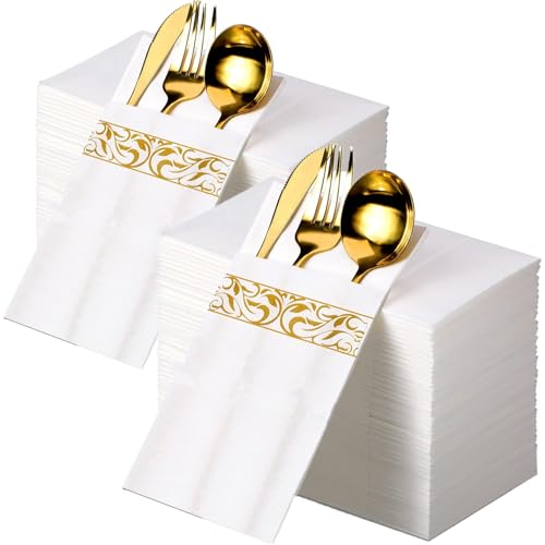 CHEERDO Lot de 100 serviettes jetables en tissu - Poche intégrée pour couverts - Pour fête de mariage - Blanc au toucher lin - Pré-pliées pour couverts (Doré 100)