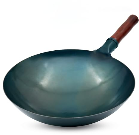 welsteepse Wok traditionnel en acier au carbone martelé à la main, 35,6 cm, fond rond (bleu torréfié)