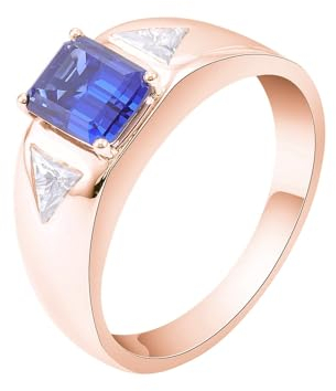 Verlobungsring Herren Mit Gravur, Saphir Ring Männer 18K Rosegold 18K Größe 65 (20.7) Im Labor Hergestellter Saphir Rechteckschliff Blau Gravur