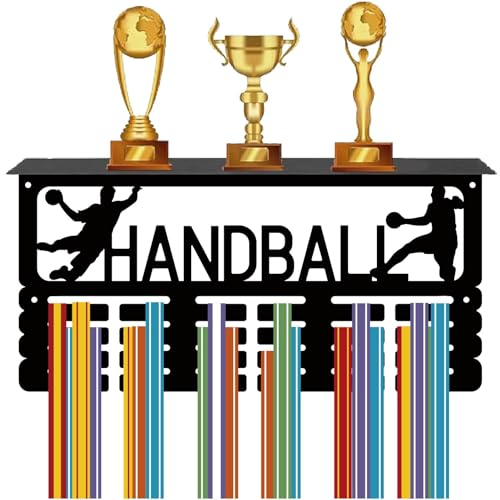 CREATCABIN Medaillen-/Trophäenhalter,Handball-Medaillenaufhänger Ablage,Schwarzer Sportständerrahmen,Eisen-Wandhalterung,Metall-Medaillenschaukasten,Haken Zum Aufhängen von Medaillen,40x20x10cm