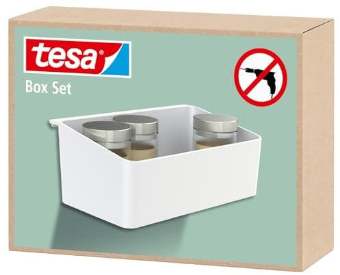 tesa Organizer – zum Kleben, Box für mehr Ordnung in der Küche - als Küchenregal zur Aufbewahrung von Gewürzen - Küchenzubehör - mit Adapter, Wandmontage ohne Bohren - Weiß