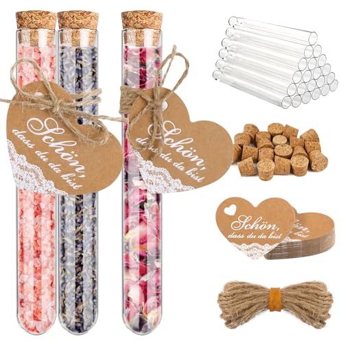 BOFUNX 30 Stücke Reagenzgläser mit Korken Kunststoff Reagenzglas Transparent Reagenzgläser für Blumen Badesalz Bonbons, mit 30 Stücke Herz Geschenkanhänger, Juteschnur - Hochzeit Taufe Gastgeschenke