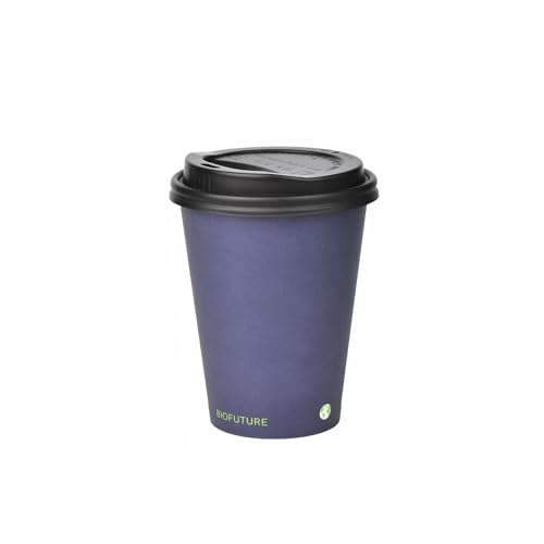BIOFUTURE Biodegradable Coffee Cups – Blue, 50 Count Disposable, 12 Ounce Paper Cups with Lids – Eco-Friendly and 100% Compostable – Ideal for Tea, Coffee, and Hot Drinks (50 Pcs, Blue, 12oz)