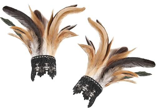 ZOSIGN 1 Paar Vintage Feder Manschette,Damen Feder Manschetten,Gothic Federmanschetten,Damen Vintage Spitzenhandschuhe mit Feder, für Halloween Kostüm Rollenspiel Party (Gelb, M)