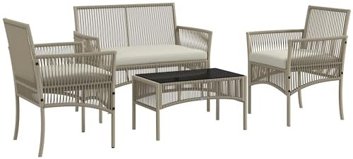 Outsunny Set da Giardino in Rattan 4 Pezzi, Set da Esterno con 2 Poltrone da Esterni, Divano da Giardino e Tavolino da Giardino, Kaki e Nero