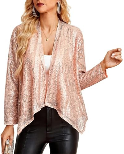 GRACE KARIN Damen Vintage Glitzer Jacke Leichte Langarm Strickjacke Vorne Offene Bolero Lockere Rüschen Saum Party Oberteile Roségold L