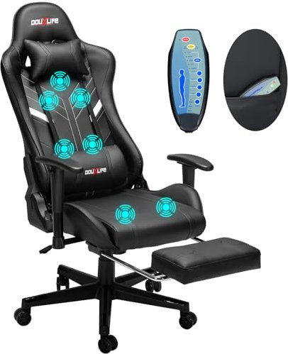 Douxlife Gaming Stuhl, mit 7 Punkt Massage, Fußstütze, Ergonomischer 180KG Bürostuhl, 90-175° Rückenlehne einstellbar, Verstellbare Armlehne, Schreibtischstuh für Kinder Erwachsener