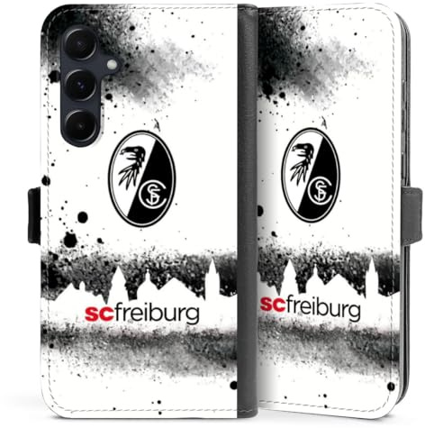 Klapphülle kompatibel mit Samsung Galaxy A 55 5G Handyhülle aus Kunst Leder schwarz Flip Case SC Freiburg Skyline Logo