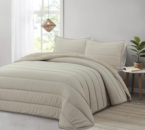Liniva Home Comforter De Microfibra con Reverso de Borreguito. Edredón 100% Microfibra Tacto Extra Suave - Modelo Eliana - Incluye Funda de Cojín. (Lino, Cama 90 cm)