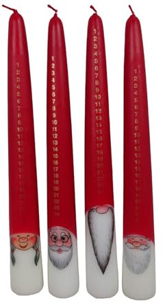 Diana Candles Set 4x Adventskalenderkerze Wichtel mit verschiedenen Motiven Ø4,5x36 cm weiß/rot '24 Tage Kerze' Weihnachtskalenderkerze Tageskerze