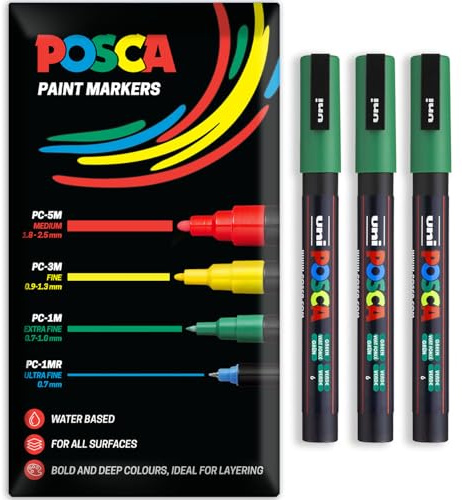 Posca Water Based Acrylic Paint Marker Pens | Multi Surface Use Permanent Paint Pen | Pack of 3 Pens in Envelope Gift Packaging | Glass, Fabric, Canvas, Wood etc | PC-3M, Green