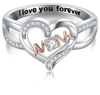 URONE Mama Rings Sterling Silver Mutter Rings Herz Mutti Rings Muttertagsgeschenk Geburtstag Schmuck Geschenke für Mutte Mama Nana Damen (size 17.25)