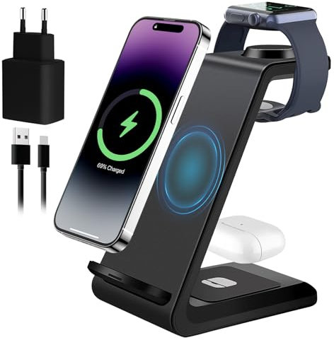 Cargador Inalambrico, 3 en 1 Base Cargador Estacion de Carga para iPhone 16/15/14/13/12/11/Pro/Max/X/8/Plus, Carga Rapida Inalámbrico para Apple Watch 10/9/Ultra/8/7/6/SE/5/4/3/AirPods Pro 4 3 2