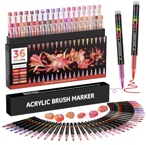 TrendGate 36 Couleurs Feutre Acrylique, Marqueur Peinture Acrylique Pinceau Pour Papier, Verre, Galet, Métal, Plastique, Bois, Oeuf, Céramique, Textile - Rouge