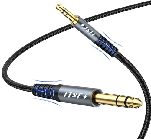 J&D Cable de Audio 3,5mm TRS a 6,35mm, Cable Estéreo 1/8 a 1/4 Bidireccional Trenzado de Nylon para Guitarra, PC, Cine en Casa, Altavoces, Amplificadores, 2 Metro, Gris