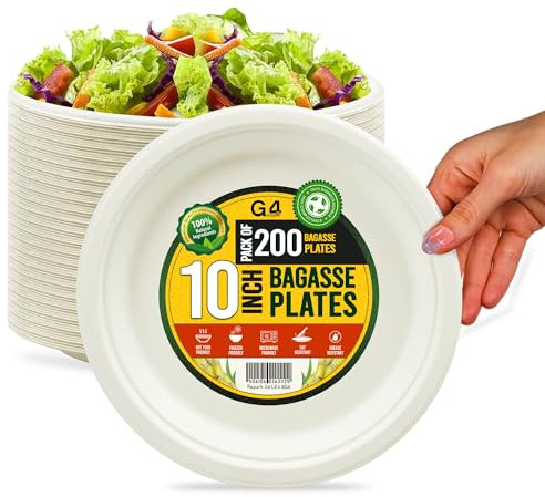 G4GADGET 200 Pack 10-Inch Bagasse Plates | Heavy Duty Compostable Sugarcane Dinnerware | Eco-Friendly Biodegradable Disposable Plates for Catering, Parties, Events, BBQ | White Round