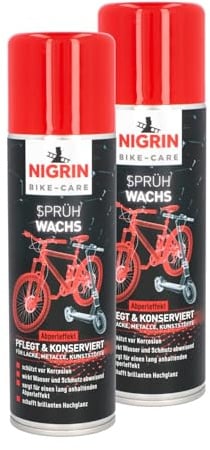 NIGRIN Bike-Care Sprühwachs, Fahrradwachs, 300 ml Sprühdose, bringt brillanten Hochglanz, schützt Lack-, Metall- und Kunststoffoberflächen (Packung mit 2)