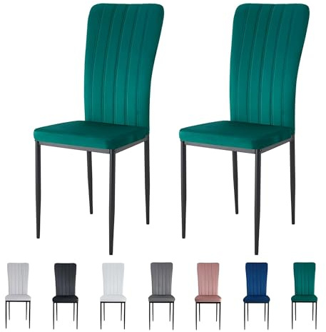 mcc direct Set of 2 Dining Chairs, Velvet High Back Kitchen Chairs with Upholstered Soft Seat and Metal Legs for Home, Office, Dining and Reception - Elle (Green)