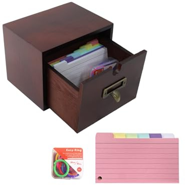 ZoeQide Holz-Karteikasten für -Karten – Mit farbigen Indexkarten & 8 Ringen, vielseitige Box für Lernen, Organisation und Büro