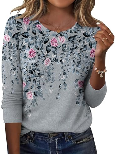 IECCP Ladies Tops Women's T-Shirts Long Sleeve Crew Neck Fashion Clothing Casual Blouse Tunic Grey Floral M