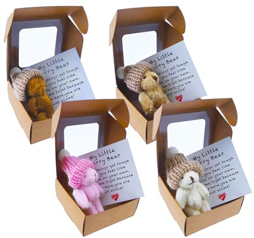 Lanstorm 4 Pcs Worry Bear Hug in a Box, A Little Pocket Bear Hug, Mini Plush Teddy Bears with Inspirational Card, Fun Stuffed Worry Bears with hats, Positive Gifts for Women Men Lover Friend