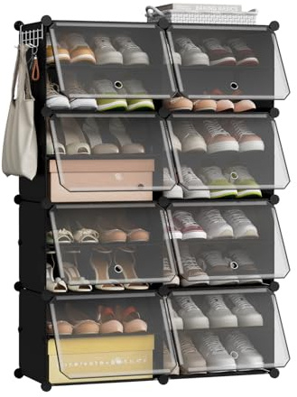 WOLTU Schuhregal, Schuhschrank mit 8 Fächern, Platzsparend, Mit Haken, Schuhablage Kunststoff, für Flur Schlafzimmer Eingang, Schuhaufbewahrung für 32 Paar Schuhe,Bis Größe 44, Schwarz