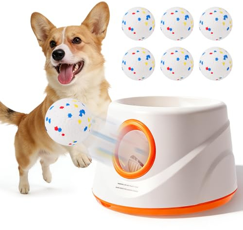 Ballwurfmaschine Hund mit 3 Distanzen (6m-14m) Inkl. 3 Robusten Tennisbällen, Ballwerfer für Hunde, Hunde Ballwurfmaschine Interaktiver Automatischer Hundeballwerfer für Kleine und Mittelgroße Hunde