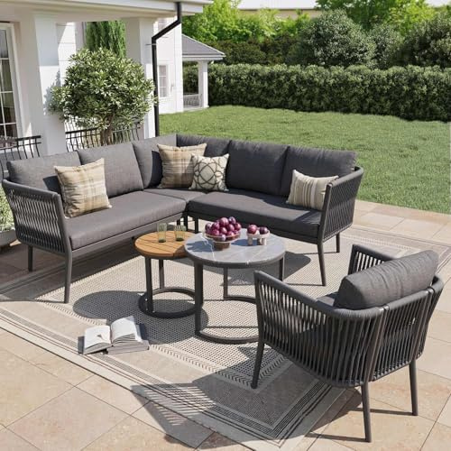 EURHCIO Salon de Jardin Exterieur Tissés 5-6 Personnes,Table Basse Gigogne Ronde avec 2 Petits Canapés 2 Places,2 Fauteuils Relax,Coussins Amovible Lavable,pour Terrasse,Balcon (Gris)