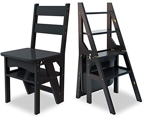 scaletta a gradini Sgabello con scala a 4 gradini | Scaletta in legno | Sedia a pieghevole | multifunzionale di sicurezza, House(Black)