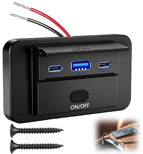 Prise USB 90W Encastrable 12V Chargeur Voiture Double USB C 36W QC3.0 18W | Chargeur Voiture USB A USB C avec Interrupteur Prise Charge de Remplacement pour Camping Car Moto Bateau Camion Marine
