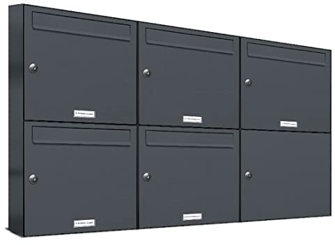 AL Briefkastensysteme 5er Briefkastenanlage Anthrazit Grau RAL 7016, Premium Briefkasten DIN A4, 5 Fach Postkasten modern Aufputz