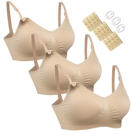 HOFISH Women's Seamless Nursing Maternity Bra Push Up Comfort Sleep Bralette 3PCS/Pack,Beige L